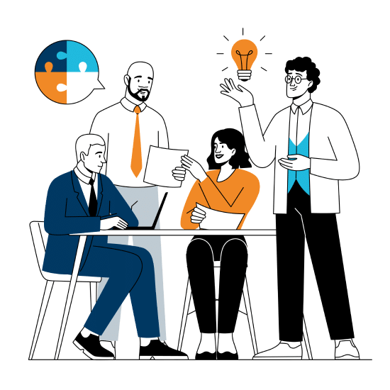 Four people discussing at a table with a puzzle symbol and a globe