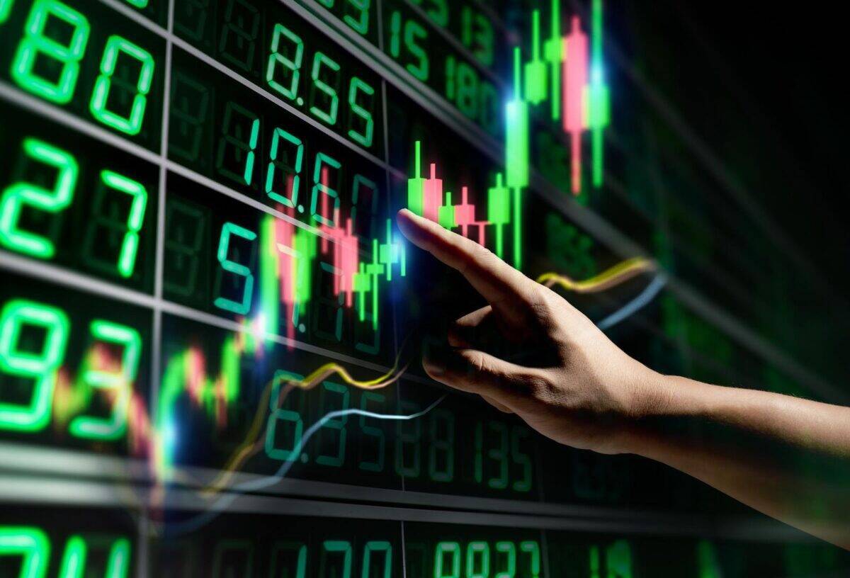 Aktienkurs-Chart mit Hand, zeigt Börsenentwicklung und Finanzmarktwelt.de-Analyse