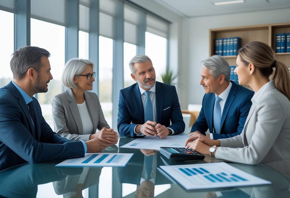 A professional advisor discussing documents with a mature couple in a modern office setting