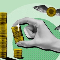 Black and white hand stacking coins with winged coins