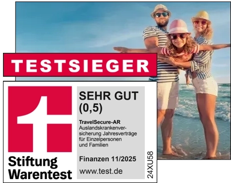 Grafik Auslandskrankenversicherung Finanztest 2025 SEHR GUT