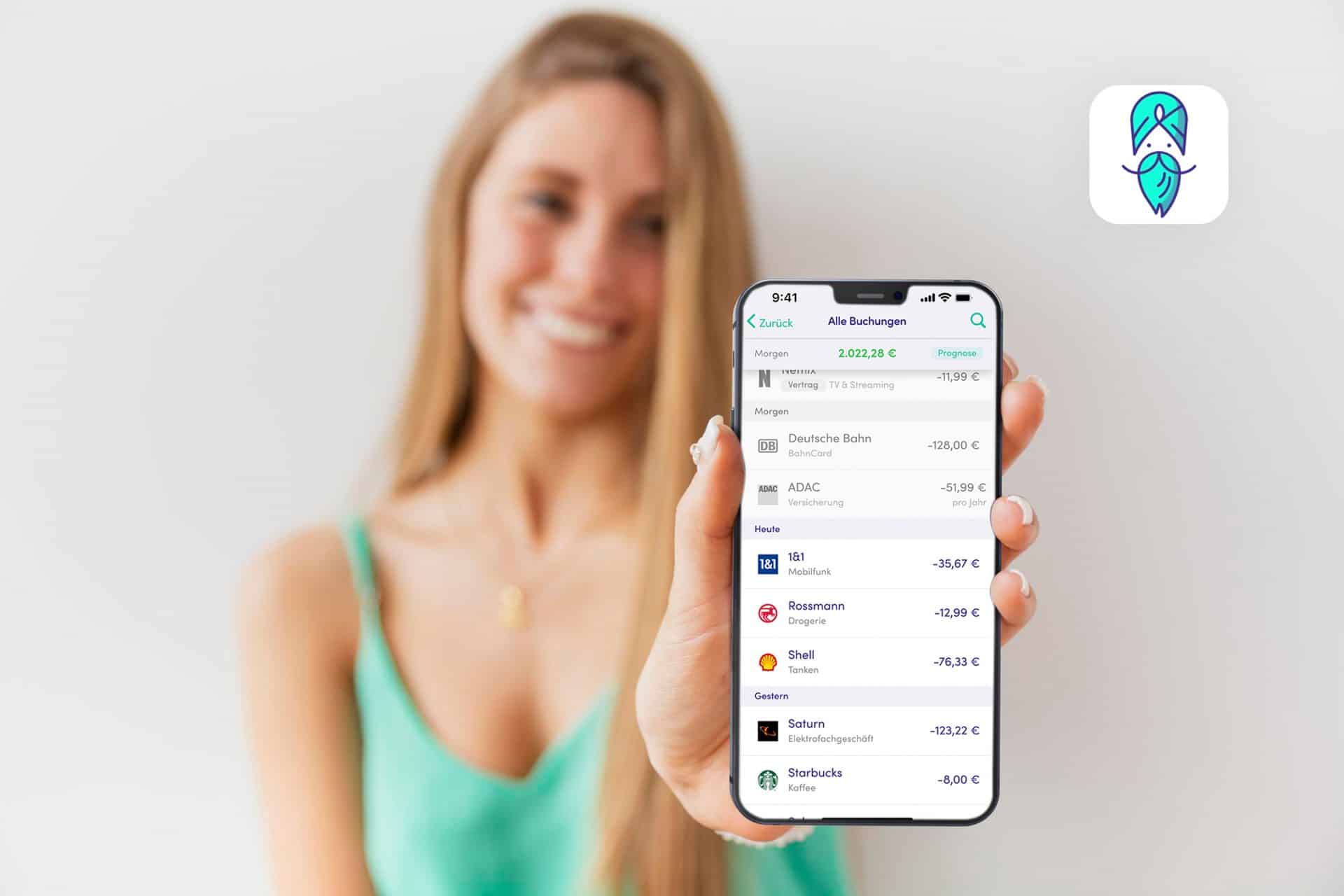 Woman using Finanzguru on a phone