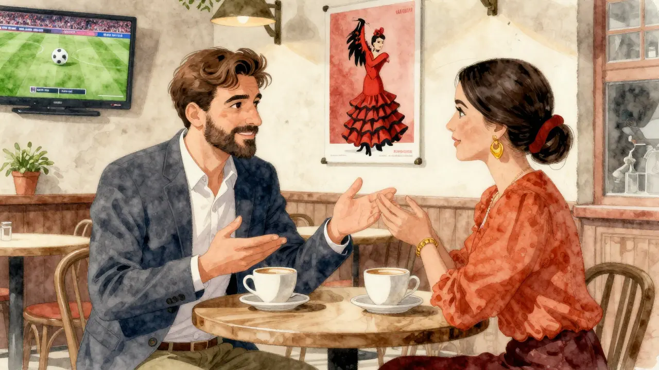 Deutscher und spanischer Verkäufer bei Kaffee, Smalltalk über Fußball