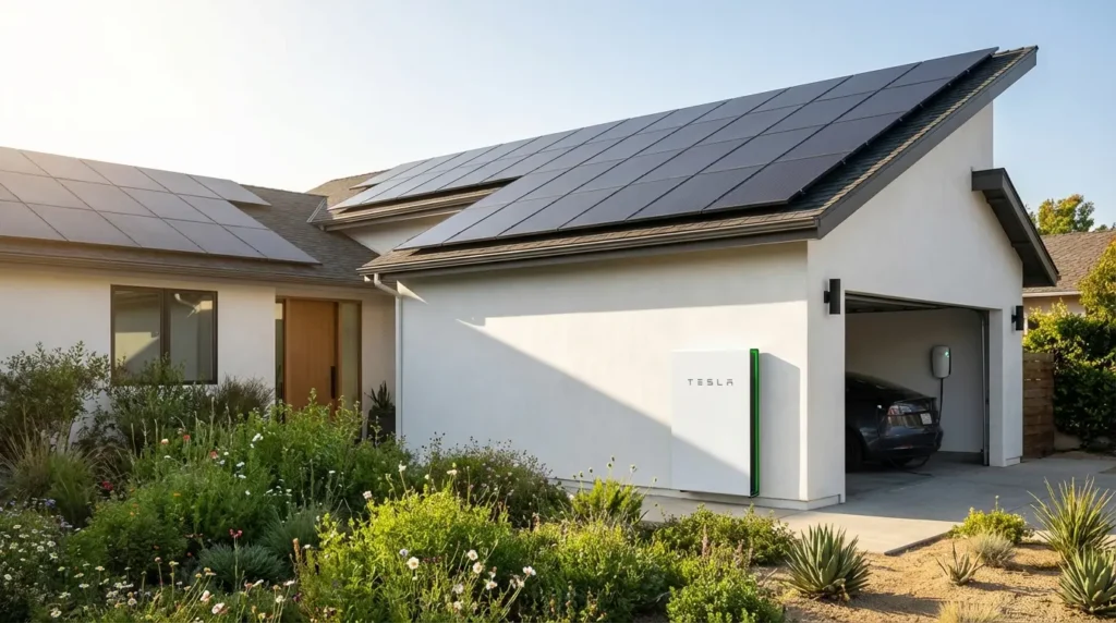 Modern home with solar panels and battery storage