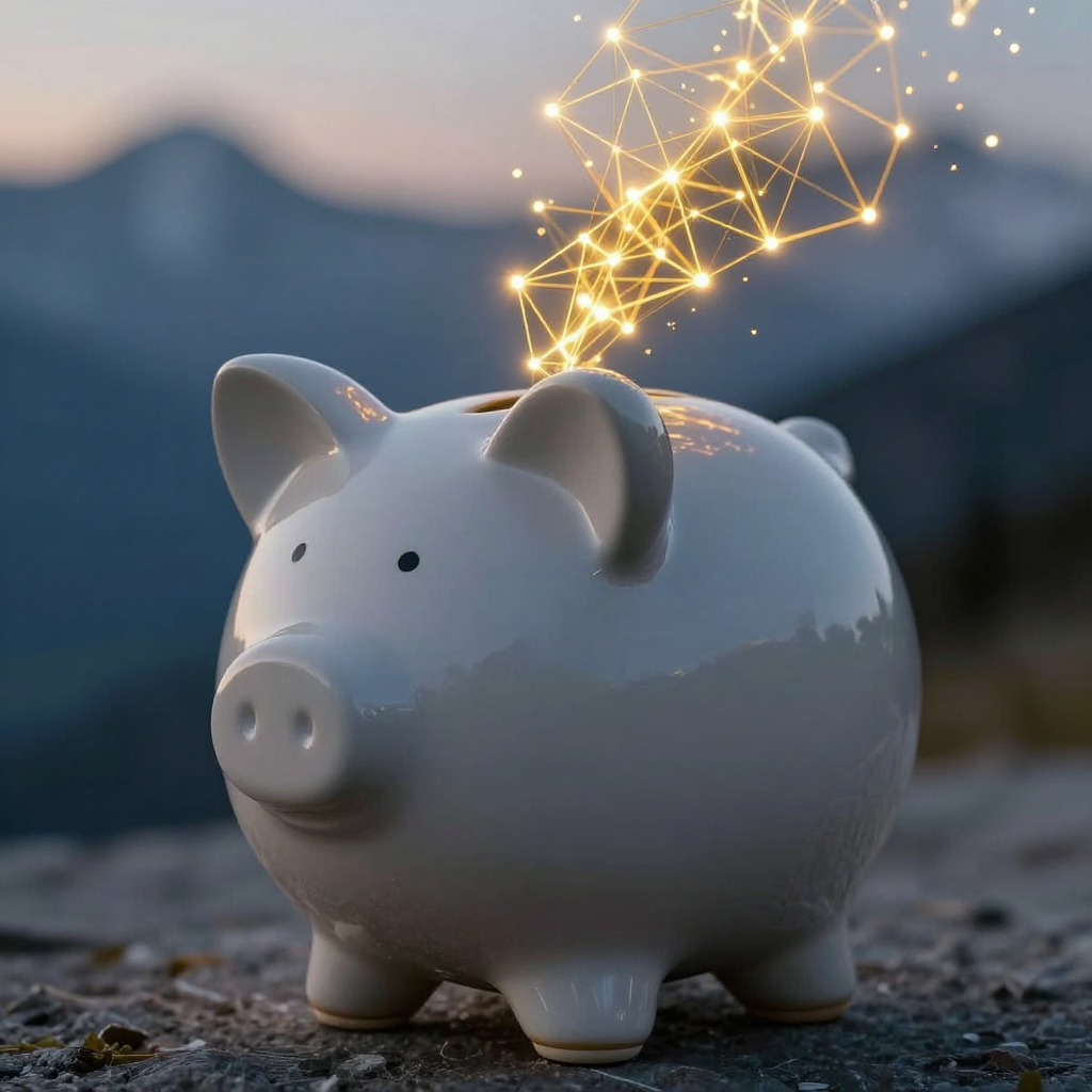 Illustration showing Swiss parents with outdated piggy banks versus modern Kinderdepot investment accounts for children