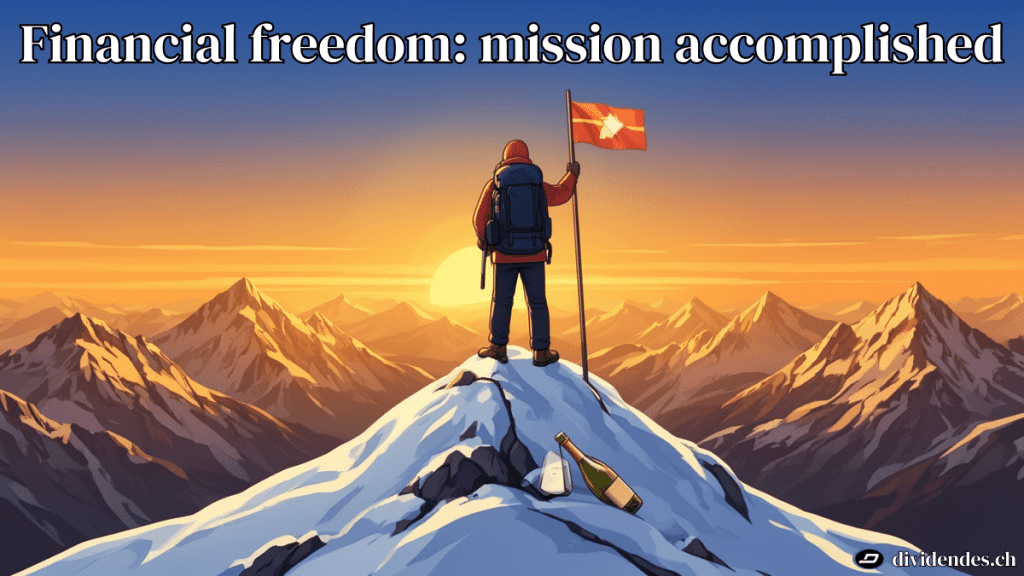 Hiker planting flag on alpine summit symbolizing financial freedom success