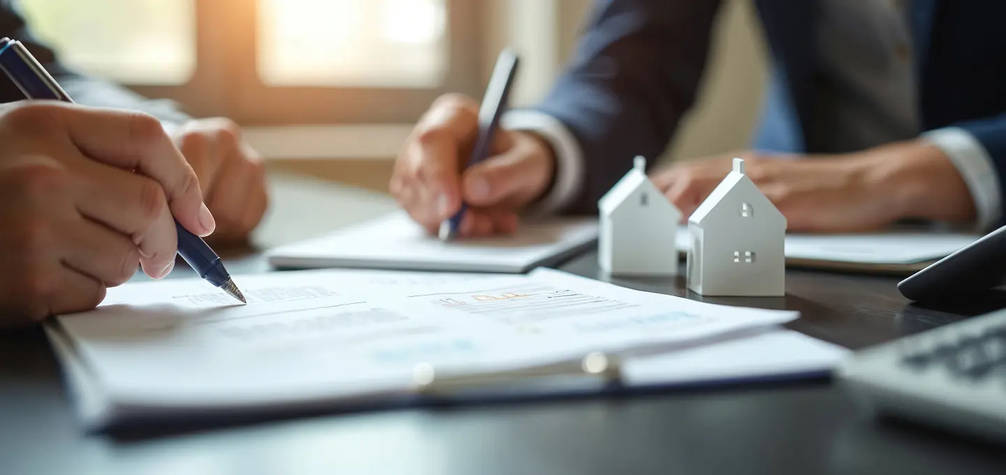 Two individuals signing a contract document related to real estate transactions