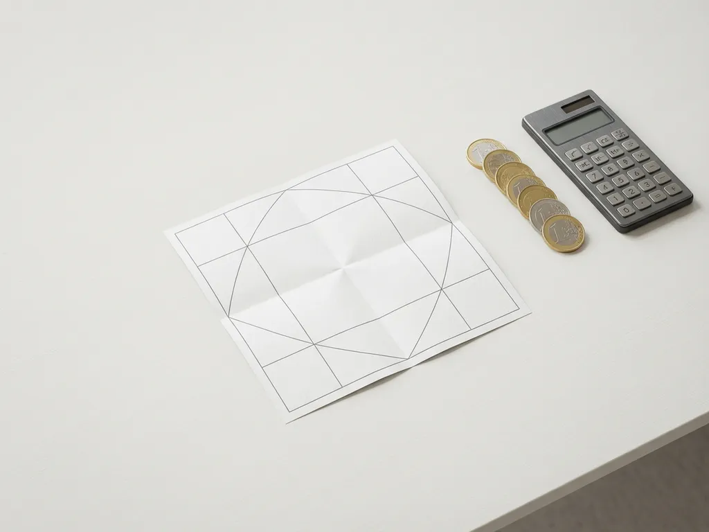 Minimaliste flatlay met euromuntjes, rekenmachine en ruitjespapier op een wit bureau in zacht daglicht.