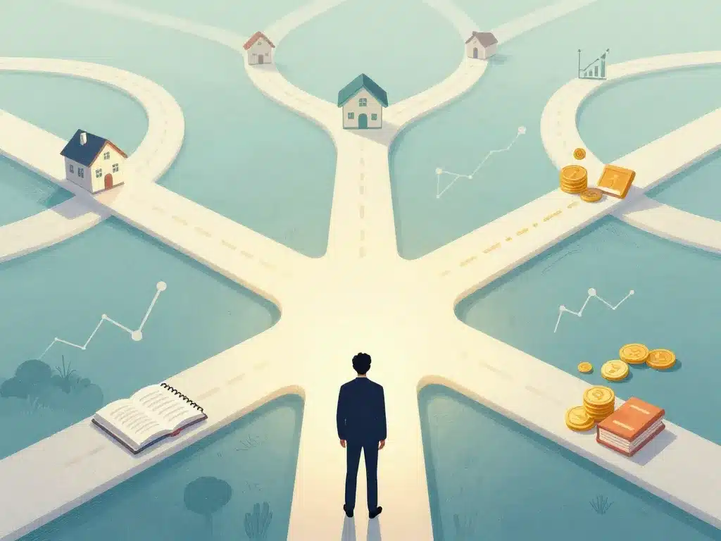 Crossroads illustration showing investment strategy pathways based on financial profile