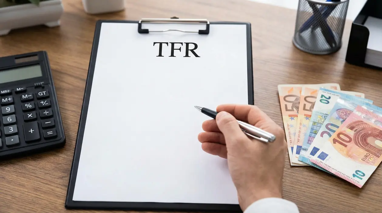 Documento TFR con clipboard, penna e banconote euro su scrivania