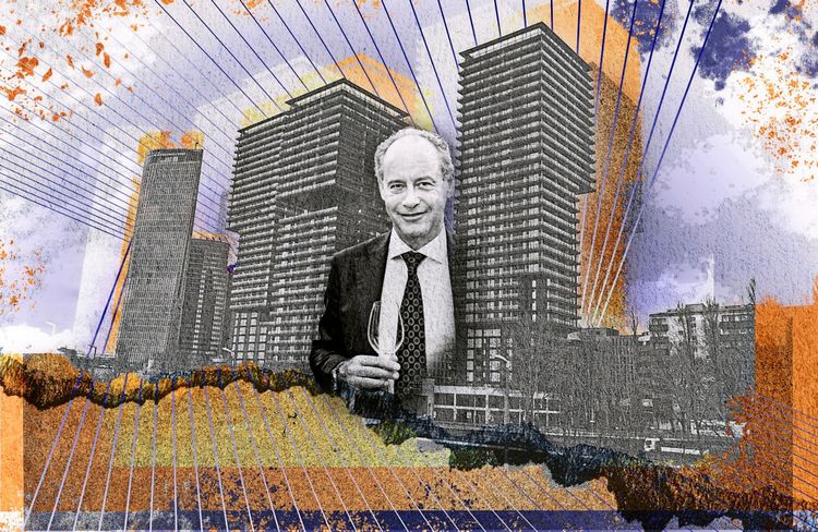 Collage eines Mannes in Anzug mit Champagnerglas in der Hand vor den Triiiple Towers in Wien. Die Szene ist mit grafischen Elementen wie Linien, Farbflächen und Texturen künstlerisch gestaltet. Gebäude und urbane Struktur dominieren den Hintergrund.