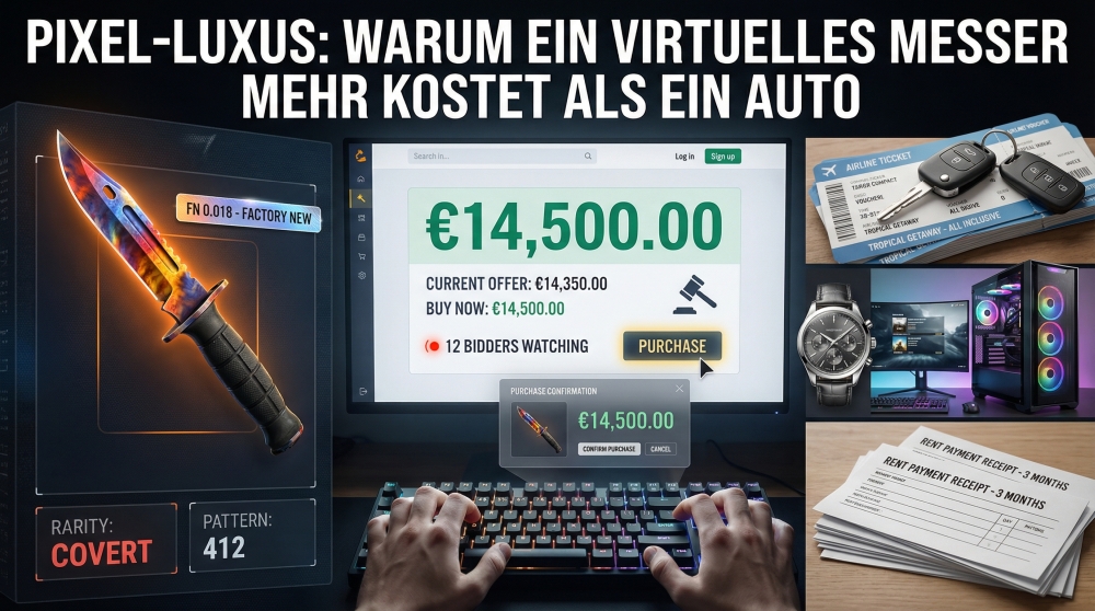 German gamer holding a digital knife skin representing speculative investment value in virtual assets